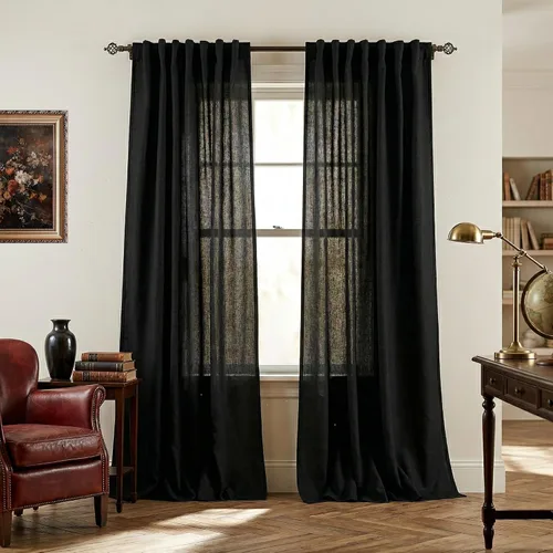 Vista 108 de Mrs.Naturall Cortinas negras de 45 pulgadas de largo, cortinas cortas de lino transparente para privacidad para cocina, dormitorio, ventanas