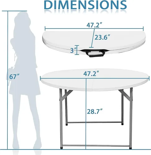 Vista 3 de Mesa plegable redonda de 48 pulgadas, mesa de comedor de plástico plegable para bodas, fiestas, jardín, patio