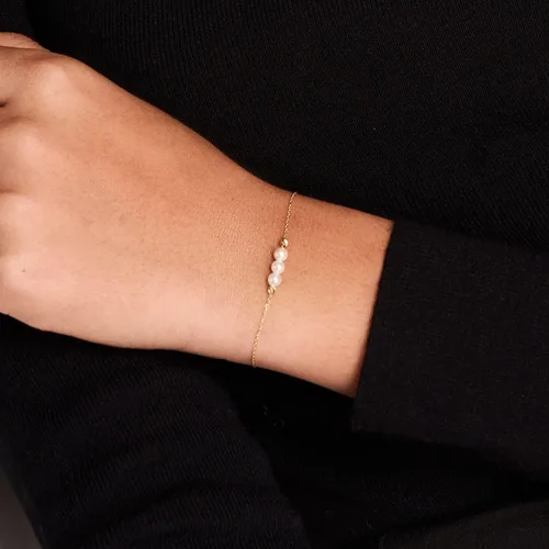 Vista 3 de Pulsera de tres perlas de oro real de 14 quilates para mujer, pulsera de cuentas de oro de 14 quilates, delicadas pulseras de perlas de oro, joyería