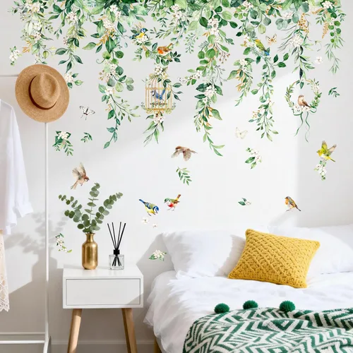 Vista 2 de Supzone Calcomanías de pared colgantes de hojas de vid – 45 x 28 pulgadas, hojas de eucalipto verdes, flores, pájaros, calcomanías de pared