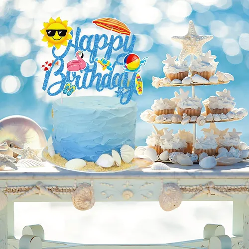 Vista 8 de Decoración de pastel de playa de verano para piscina, selección de pastel de cumpleaños, decoración de pastel de feliz cumpleaños, decoración