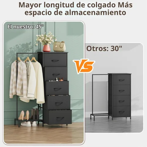 Vista 8 de Somdot - Cómoda con estante para colgar, 5 cajones, cómoda pequeña para dormitorio, cómoda reversible con estante para ropa, cómodas para niños