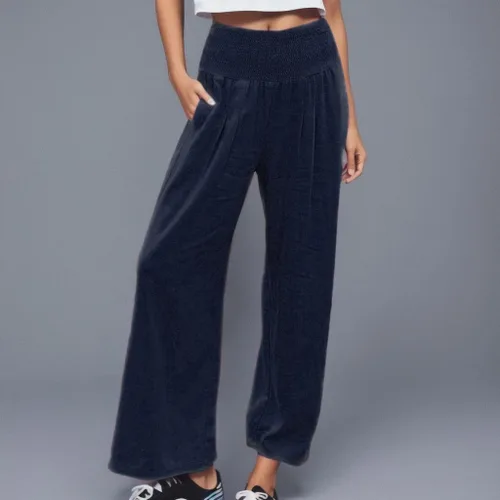 Vista 2 de SHAOBGE Pantalones palazzo de verano para mujer, cintura alta, pierna ancha, casual, cintura elástica, pantalones de playa con bolsillos