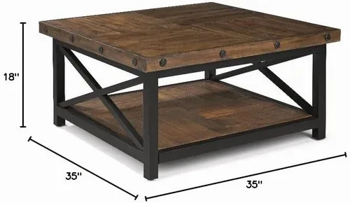 Vista 3 de Flexsteel Mesa de centro industrial rústica, mesa cuadrada de madera de acacia maciza con estante de almacenamiento, muebles de sala de estar
