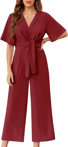 Vista 8 de GAMISOTE Enterizo de pierna ancha para mujer, manga corta, nudo frontal, overol largo de verano Beige