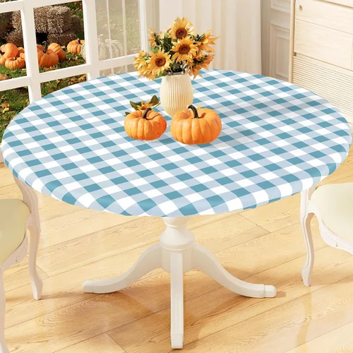 Vista 19 de misaya Mantel redondo ajustable con borde elástico, mantel de vinilo impermeable a cuadros de búfalo con parte trasera de franela para mesas Cuadros