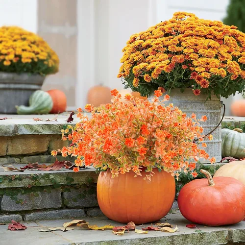 Vista 7 de Uieke 24 flores artificiales de otoño para exteriores, resistentes a los rayos UV, plantas de otoño sintéticas, arbustos que no se decoloran, Naranja