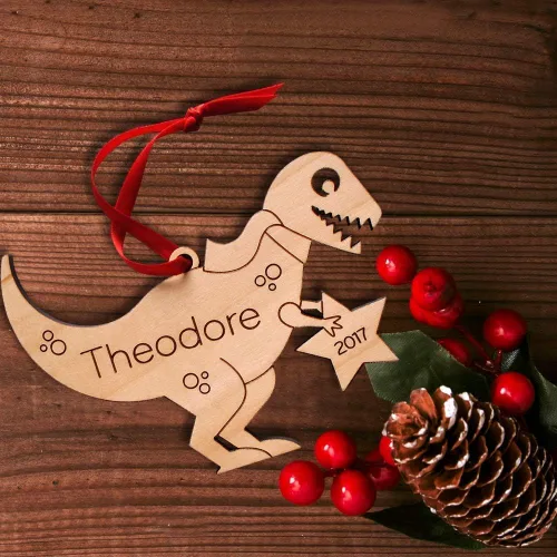 Vista 6 de Dinosaur Ornament Personalized Tyrannosaurus Rex Baby's First Christmas 2025 Wood Handmade