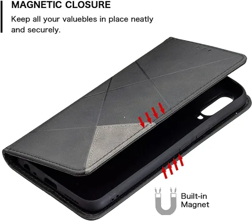 Vista 4 de Funda con tapa para Vivo Y11, Y15, Y12 e Y17, diseño de rombos de piel sintética, con función atril, cierre magnético, para Vivo Y11/Y15/Y12/Y17