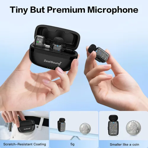 Vista 2 de ZealSound Micrófono TikTok, micrófono inalámbrico Lavalier para iPhone, iPad, Android (USB-C/Lightning), mini micrófono con funda de carga