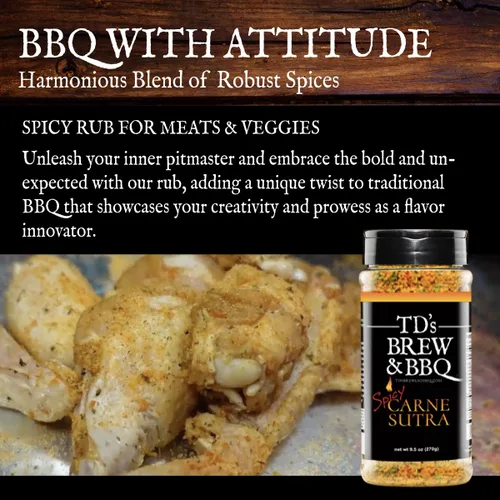 Vista 5 de TD's Brew & BBQ SPICY CARNE SUTRA Rub & Seasoning BBQ Rub Condimento picante para carne Masaje picante para carnes y verduras Masaje picante