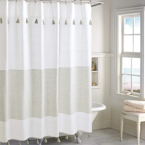 Vista 9 de Panama Stripe Cortina de ducha 100% tela de algodón para baño, de 72 x 72 pulgadas /182.88 x 182.88 cm. Borla estilo bohemio de granja, tela