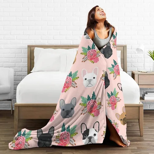 Vista 5 de HAZIMCS Manta de franela de felpa de forro polar, diseño floral de bulldog francés, lindo regalo para mascotas, razas de perro, para sillón