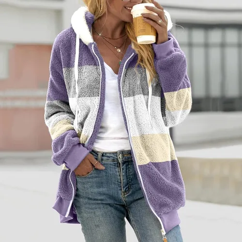 Vista 2 de Chaqueta de forro polar para mujer, mullida, sherpa, a la moda, casual, holgada, de felpa, a rayas, con capucha, abrigo