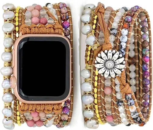 Vista 21 de Correa de reloj de cuerda trenzada con cuentas, estilo bohemio, gira 5 veces, múltiples capas, compatible con reloj Apple Watch de 45 mm, 41 mm, 44