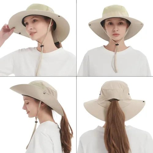 Vista 7 de Cooling Sun Bucket Hat, UPF 50+ Wide Brim Boonie Hat with Ponytail Hole 01 Beige