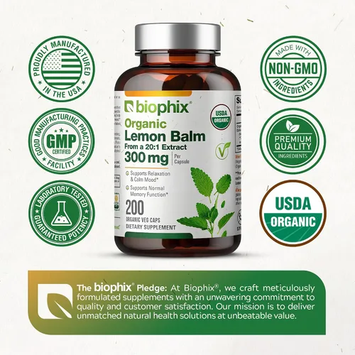 Vista 6 de biophix Cápsulas de bálsamo de limón orgánico de 300 mg USDA orgánico, extracto 20:1, apoya la relajación, calma el estado de ánimo, la memoria