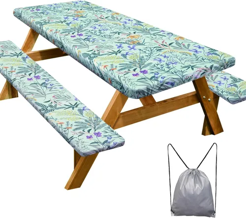 Vista 20 de Funda de mesa de picnic con fundas para bancos Esenciales de camping Mantel de picnic impermeable y a prueba de viento con bolsa de cordón, funda
