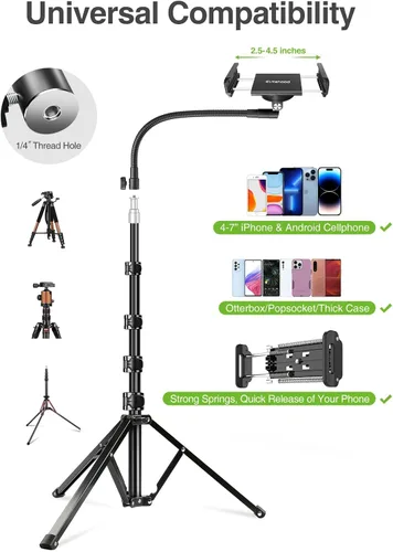Vista 6 de elitehood Trípode de teléfono de 80 pulgadas de alto, soporte de grabación de teléfono de piso, soporte de trípode ajustable resistente para iPhone