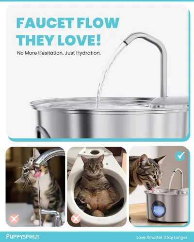 Vista 6 de Cat Water Fountain Stainless Steel - 108oz/3.2L Automatic Cat Water Fountain for Drinking with 3 Pcs Filters, Metal Pet Water Fountain Water