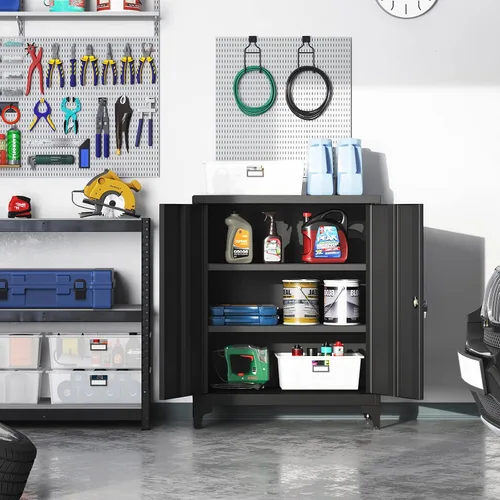 Vista 4 de SONGMICS Gabinete de Garaje, Gabinete de Almacenamiento de Metal con Puertas y Estantes, para Oficina en Casa, Garaje y Cuarto de Servicio, Negro