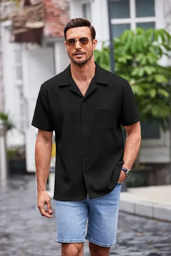 Vista 2 de COOFANDY Camisa de manga corta con botones para hombre, ajuste holgado, para playa cubana