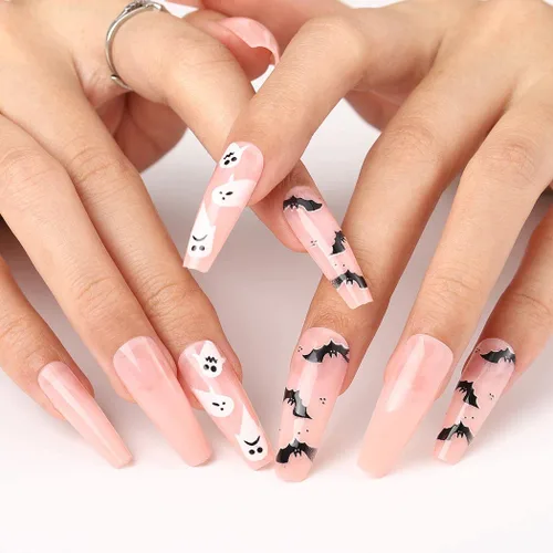 Vista 4 de Uñas postizas de Halloween con diseño de ataúd, uñas postizas acrílicas extralargas con diseños, uñas postizas de cobertura completa con gel, 24