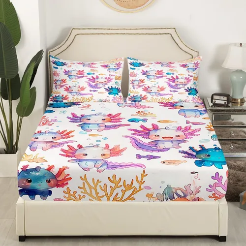 Vista 3 de Manfei Sábana bajera ajustable de ajolote de acuarela, tamaño individual, juego de ropa de cama de hojas de algas subacuáticas, 2 piezas