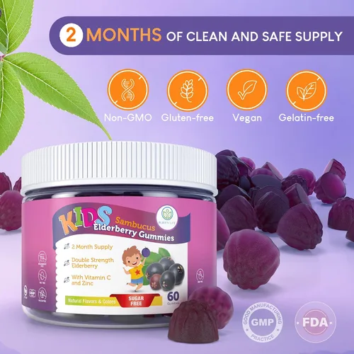 Vista 6 de Gomitas de saúco sin azúcar para niños con vitamina C y zinc, suplemento diario de apoyo inmunológico para niños, antioxidante Sambucus, vegano, 60