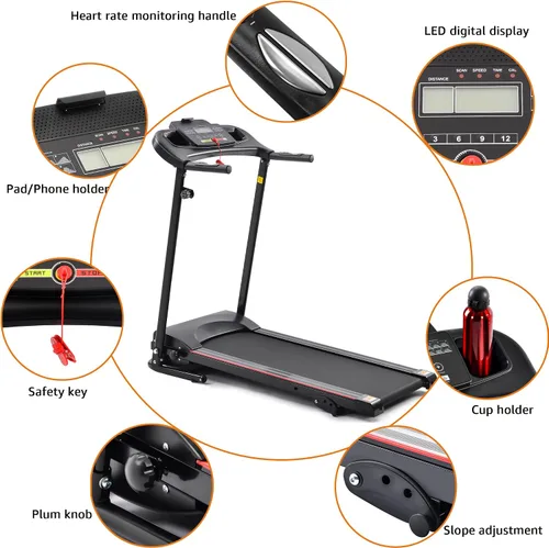 Vista 6 de Caminadora eléctrica plegable para el hogar, máquina de correr inclinada manual de 2.5 HP, 12 programas preestablecidos, pantalla LCD de 5