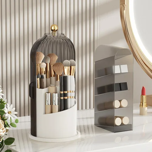 Vista 6 de Soporte para brochas de maquillaje con tapa, organizador de herramientas cosméticas de apertura deslizante giratoria de 360°, organizador de brochas