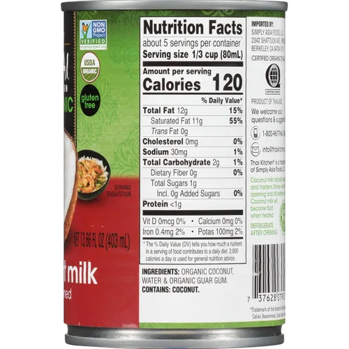 Vista 2 de Thai Kitchen Leche orgánica de coco sin azúcar, 13.66 fl oz