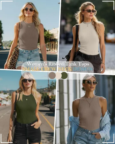 Vista 3 de Paquete de 3 camisetas sin mangas de algodón para mujer, de punto acanalado, casuales, básicas, de cuello redondo, ajustadas, de verano, con espalda