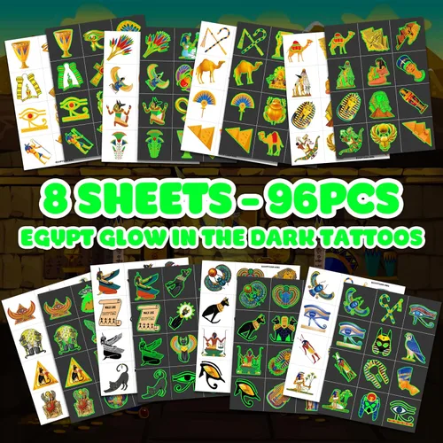 Vista 3 de 96 piezas de tatuajes temporales precortados del antiguo Egipto que brillan en la oscuridad, decoración de fiesta de cumpleaños, suministros