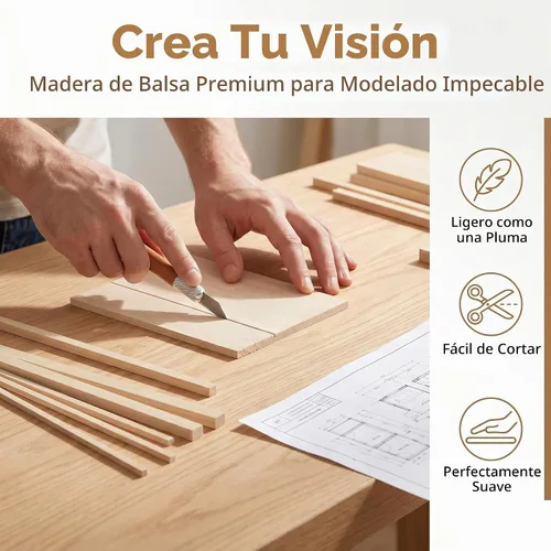 Vista 10 de Kit de manualidades de madera de balsa prémium Barsha Space - 10 hojas sin acabar (10x15cm, 12.7mm) + 140 palos (3mm & 6mm) - Ideal para modelos