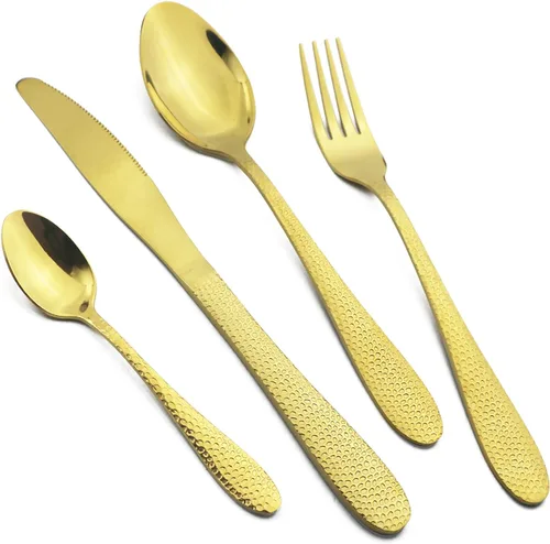 Vista 10 de JASHII Juego de cubiertos de acero inoxidable martillado de 16 piezas servicio de utensilios de alimentación para 4, vajilla moderna juego de Negro