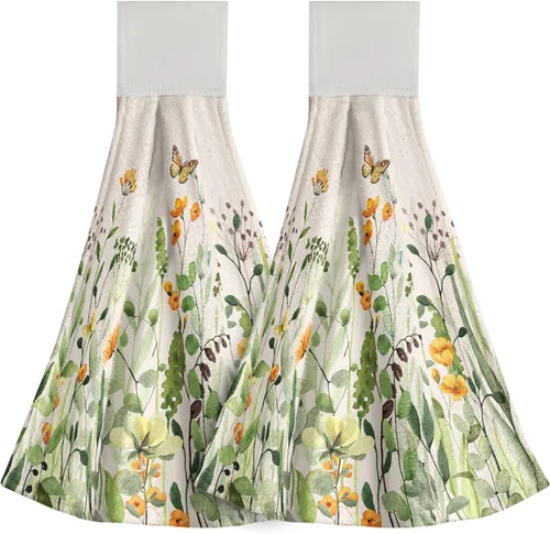 Vista 29 de Poppy Flower Hanging Hand Towels Set of 2,17x12 Inch Watercolor Chinoiserie Yellow Black Floral Soft Absorbent Dish Cloth Tie Towel for Kitchen