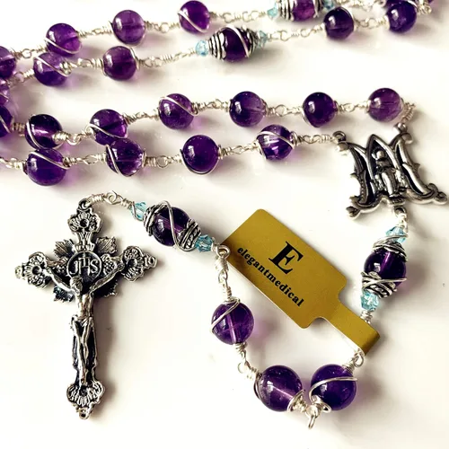 Vista 5 de elegantmedical Collar hecho a mano con cuentas de rosario de amatista envueltas en alambre de plata de ley 925 y caja de regalo, Plata esterlina