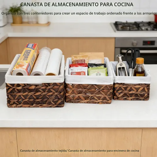 Vista 4 de Cesta de almacenamiento rectangular tejida de hierba marina con asa, Kingwillow. (Madera y jacinto de agua, juego de 3)
