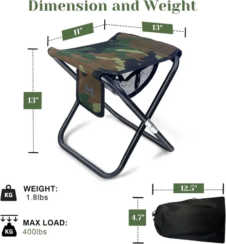 Vista 3 de Taburete plegable portátil mejorado de 13 pulgadas con bolsillo lateral de malla y sistema Molle, taburete plegable ligero para adultos, jardinería