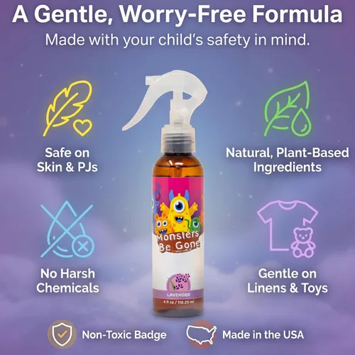Vista 4 de Monsters Be Gone - Aerosol para el cuerpo y el lino, neutralizador de olores natural, no tóxico, ambientador de habitación para niños (polvo lácteo)