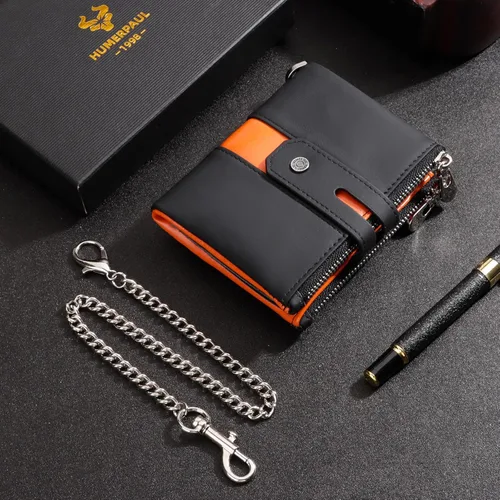 Vista 8 de gzcz Billeteras para hombre con cadena de cuero genuino plegable para hombre Rfid bloqueo monedero con tarjeta de crédito, BP901-Negro con Naranja