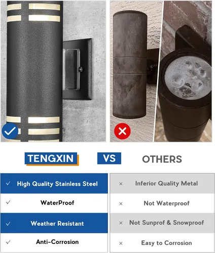 Vista 4 de TENGXIN Aplique de pared para exteriores, luz de porche arriba/abajo, acero inoxidable 304 y vidrio templado, acabado negro, E27, certificación UL