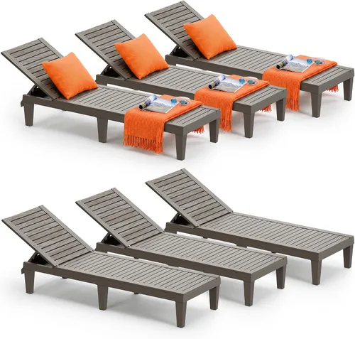 Vista 14 de Juego de sillas reclinables al aire libre, 2 piezas, 5 posiciones ajustables para bronceado con textura de madera, silla de patio de resina