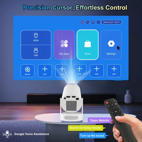 Vista 2 de Mini proyector 4K compatible con doble banda WIFI6 5G inalámbrico 5.4 Bluetooth Android 11, altavoz base de sonido, Keystone vertical automático
