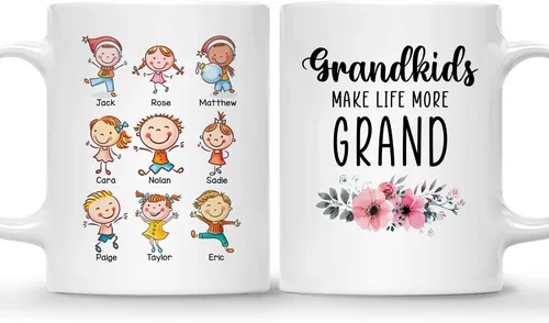 Vista 18 de Gossby Taza personalizada – GRANDKIDS MAKE LIFE MORE GRAND (1 niño) – Taza de café de cerámica de 11 onzas y 15 onzas para abuelos/abuelos – Idea