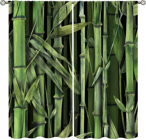 Vista 17 de Cortinas con estampado de bambú verde natural, plantas asiáticas, japonesas, tallos rústicos, hojas, cortina de selva con bolsillo para cortinero