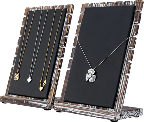 Vista 4 de MyGift Expositor de joyas de madera rústica con alfombrilla acolchada negra sobre tablero extraíble, collar de mesa de pie, pulsera, tobillera