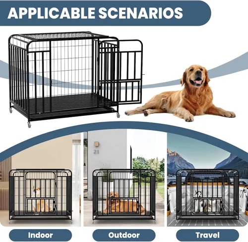 Vista 6 de Perrera para perros de 42 pulgadas, resistente para interiores, fácil de limpiar, 4 ruedas bloqueables, jaula extragrande para perros con bandeja