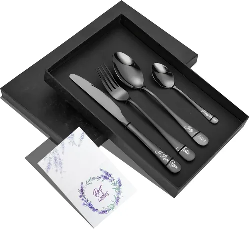 Vista 4 de Cubiertos grabados personalizados, juego de vajilla personalizado con caja de regalo, nombre de letras personalizadas, tenedor, cuchillo, cuchara